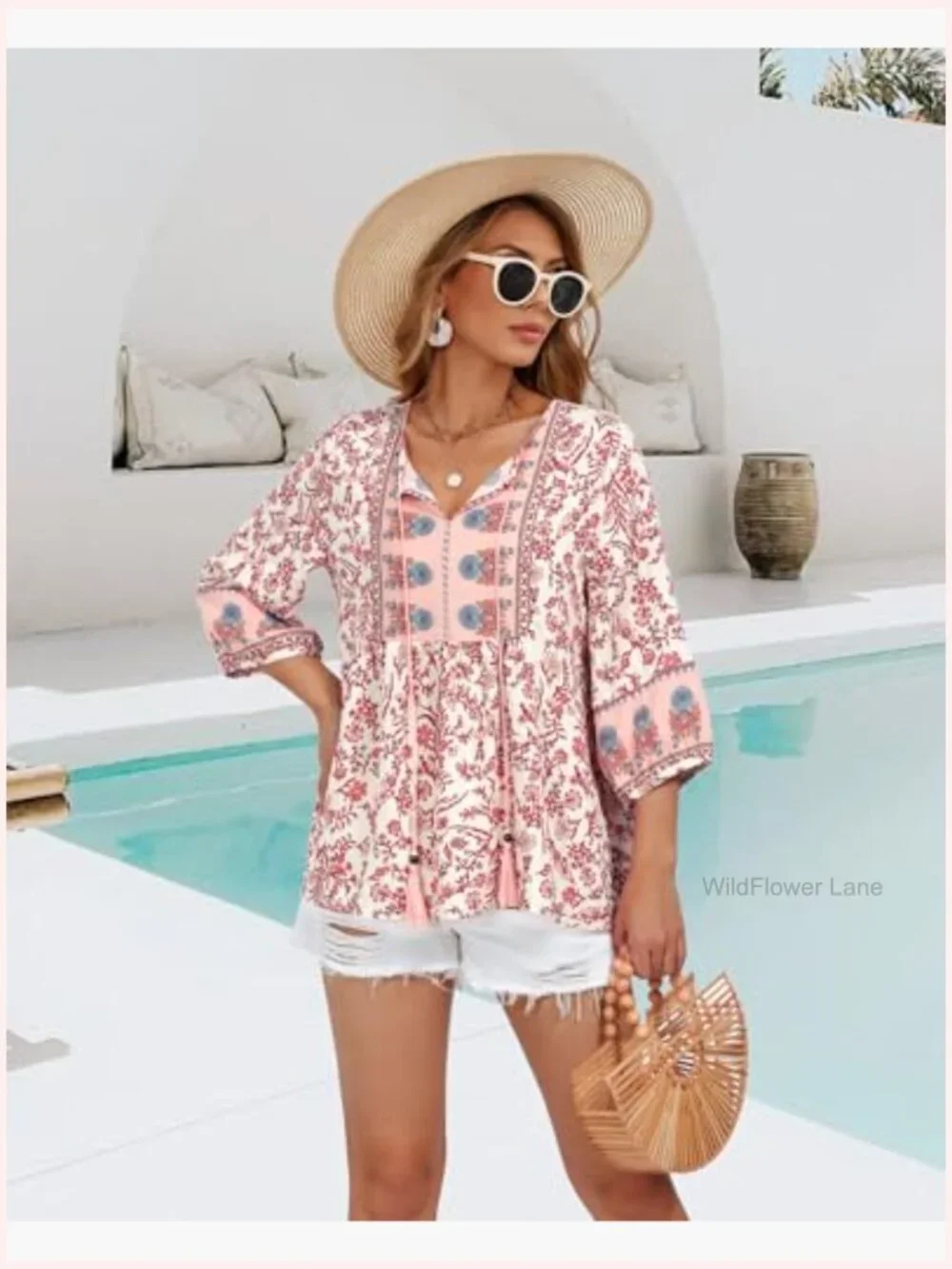 Boho Babydoll Top 3/4 Lantern Sleeve Peplum Blouse V-Neck Tie Front Tunic - Picture 4 of 7